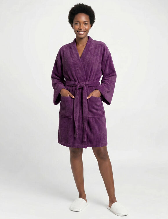 Peignoir court adulte col kimono  - &eacute;ponge bouclette 380 g/m&sup2; (aubergine)