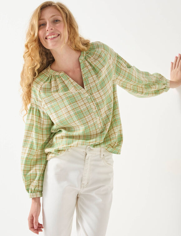 Bloes in flanel met ruitenprint, 7/8-mouwen (groen / ecru)