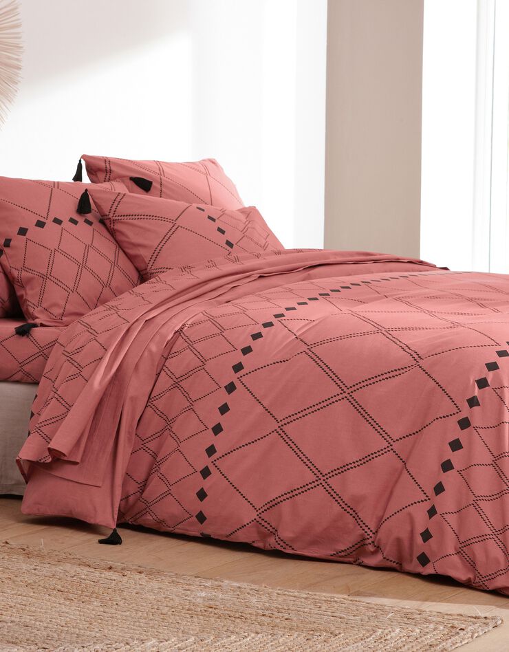 Linge de lit Massai coton à motifs graphiques et finitions pompons (terracotta)