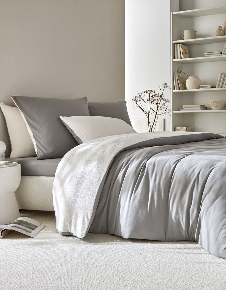 Linge de lit réversible jersey polaire toucher peluche (gris)