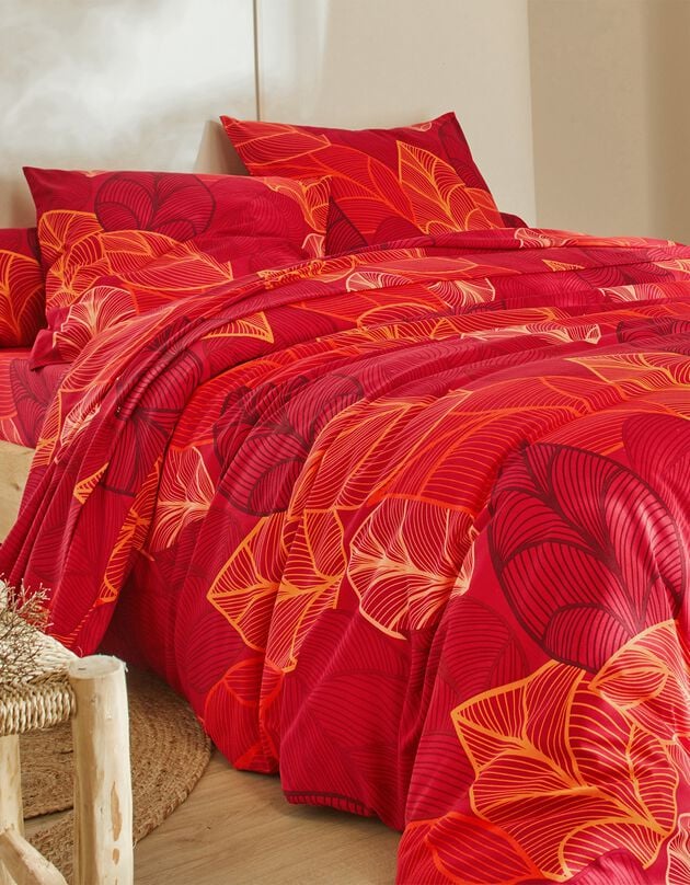 Linge de lit Elsa en polycoton à motifs feuilles, rouge, hi-res