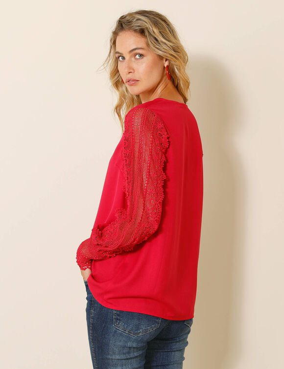 Blouse macramé col V manches longues, crêpe fluide (framboise)