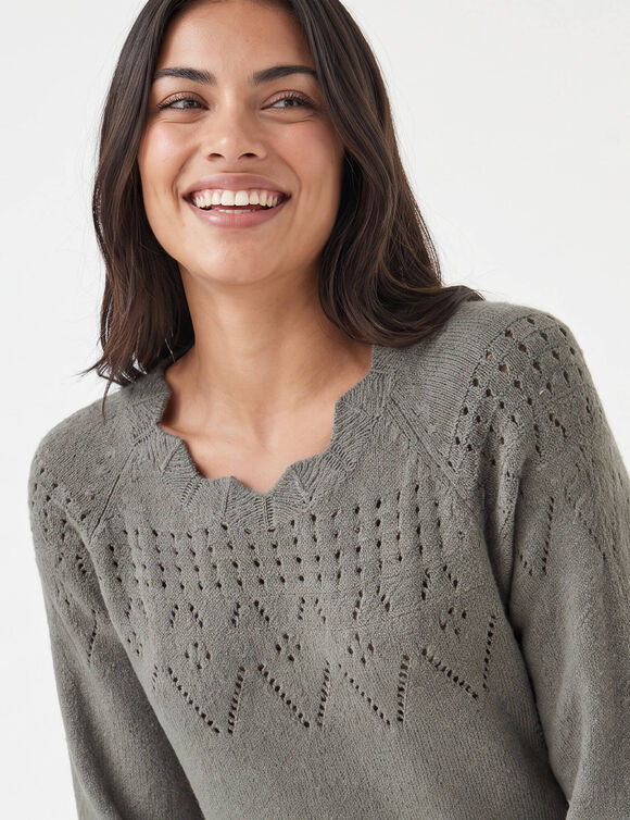 Robe pull finition &eacute;cailles, maille fantaisie (kaki)