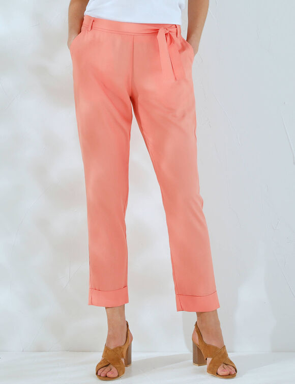 Pantalon 7/8ème fuselé uni, tissu fluide (corail)