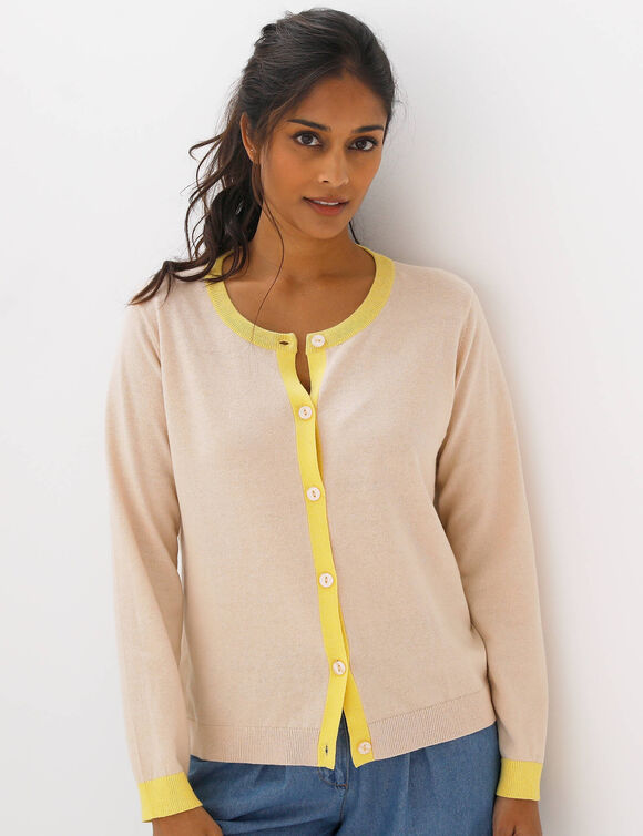 Gilet col rond bicolore, boutonn&eacute; (beige / geel)