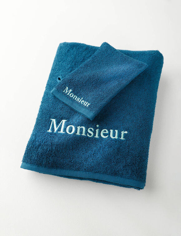 Collectie badhanddoeken 420 g/m2, 'MONSIEUR' borduursel (pauwblauw)