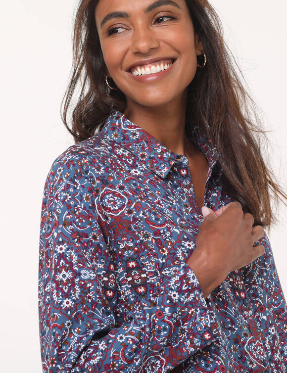 Tunique longue col chemise, imprimé cachemire (bleu jean)