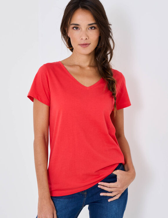 T-shirt col V uni manches courtes, coton (coquelicot)
