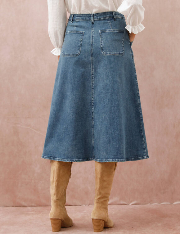 Jupe longue &eacute;vas&eacute;e boutonn&eacute;e devant, denim stretch (stone)
