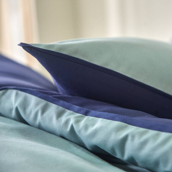 Linge de lit uni bicolore coton (marine / céladon)
