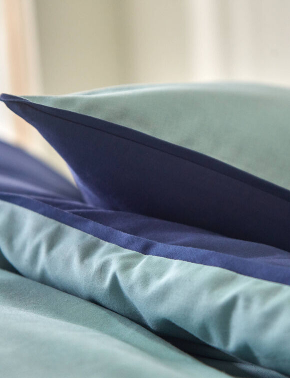 Linge de lit uni bicolore coton (marine / céladon)