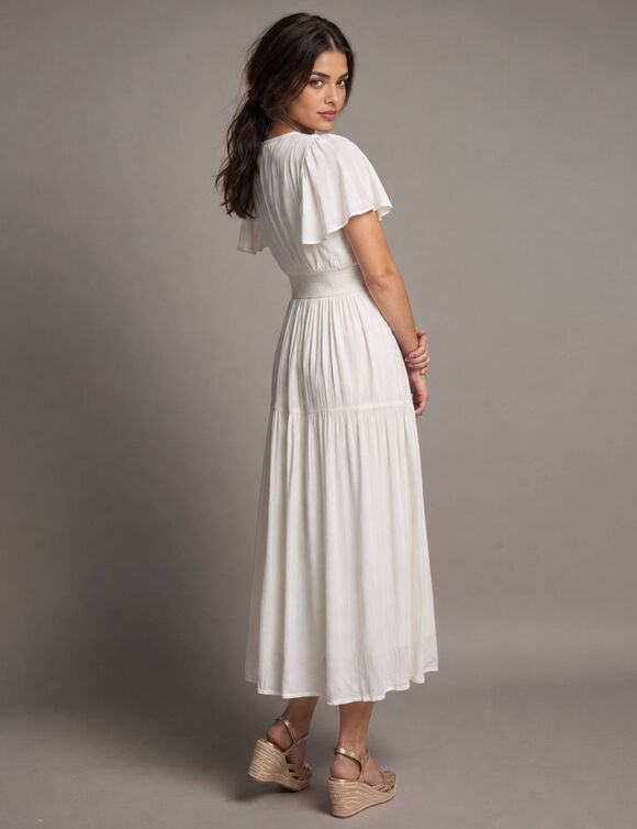 Lange jurk in crepon en macram&eacute; (ecru)