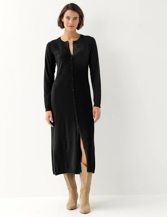 Robe pull longue boutonn&eacute;e, manches longues (noir)