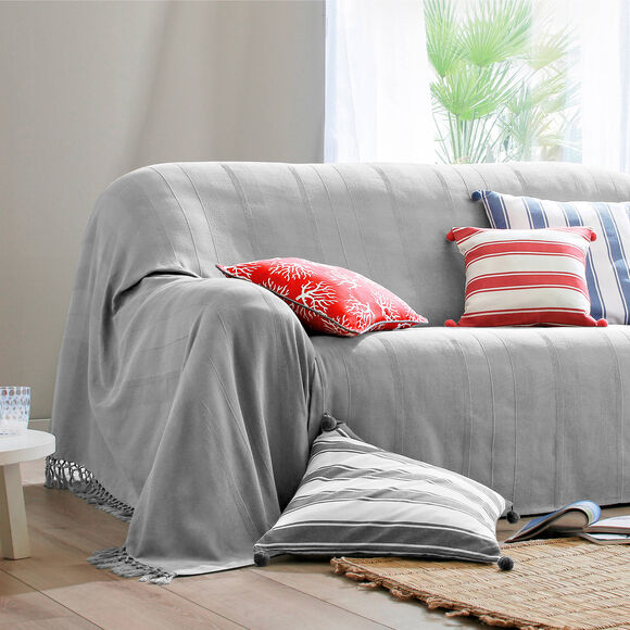Plaid of sprei, effen katoen met artisanaal weefsel (parelgrijs)