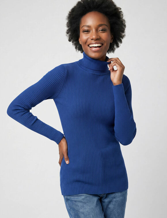 Pull col roul&eacute;, maille c&ocirc;tel&eacute;e (bleu vif)