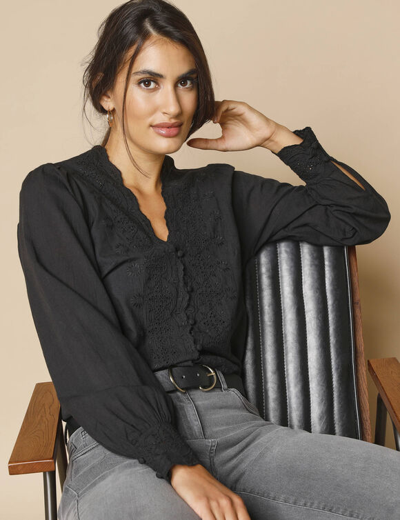 Chemisier broderie anglaise, coton (noir)