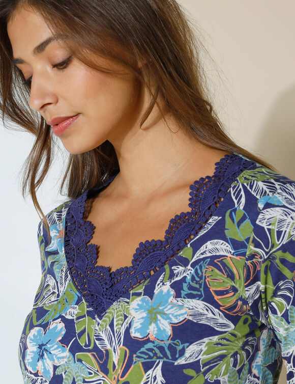 T-shirt imprimé col V macramé, manches 3/4 (marine / bleu)