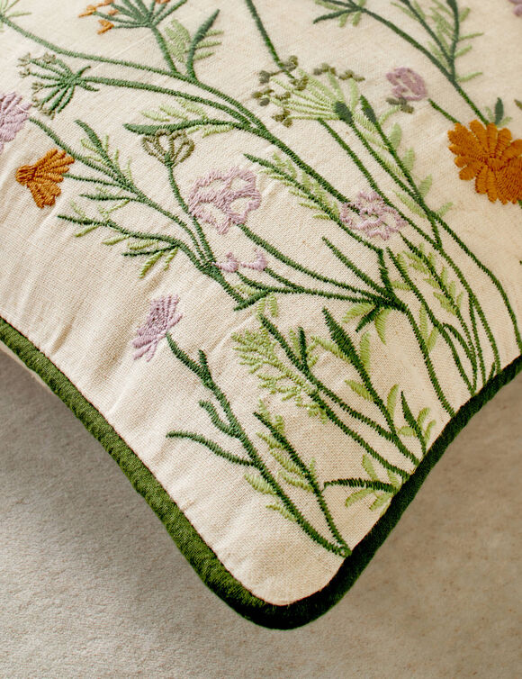 Coussin rectangulaire coton lin broderie fleurie (vert / parme)