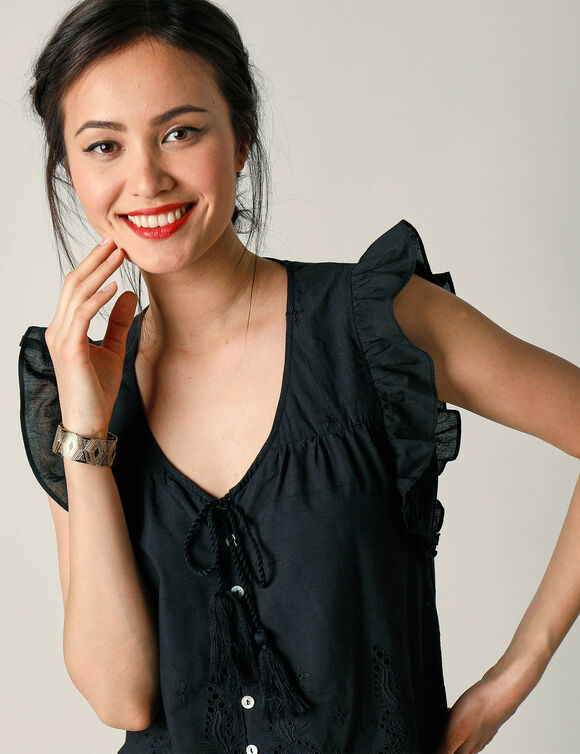 Chemisier boutonné uni, broderie anglaise (noir)