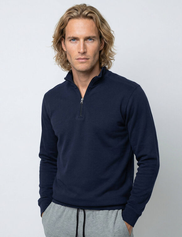 Sweat molleton col camionneur zipp&eacute; (marine)