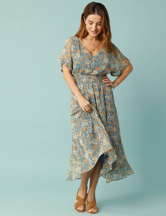 Robe longue Spécial Petites col V voile imprimé (bleu denim / multicolore)