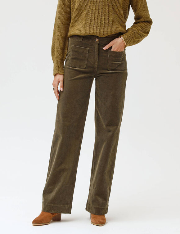 Pantalon velours coupe large taille haute, stature moyenne (kaki)