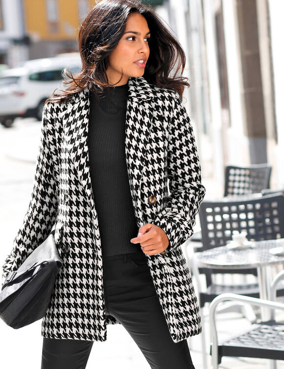 Manteau caban boutonné imprimé pied-de-poule aspect drap de laine (noir / blanc)