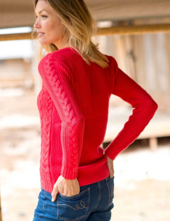 Cardigan boutonné, maille torsadée (rouge)
