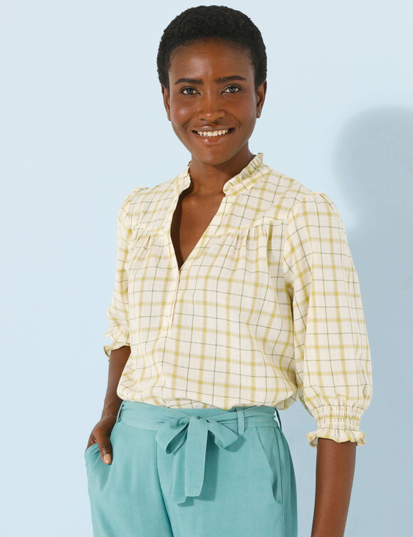 Blouse à carreaux, manches coudes smockées, voile de coton (vert)