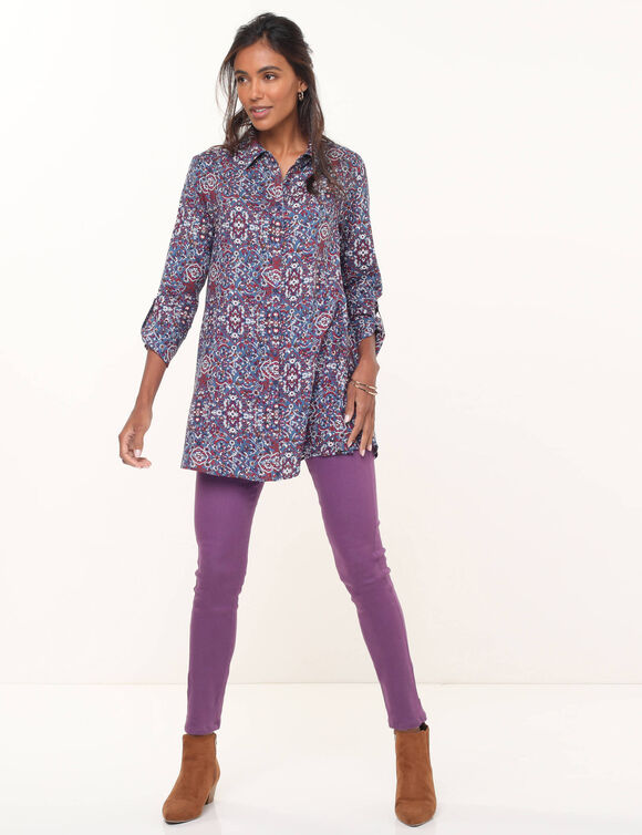 Tunique longue col chemise, imprimé cachemire (bleu jean)