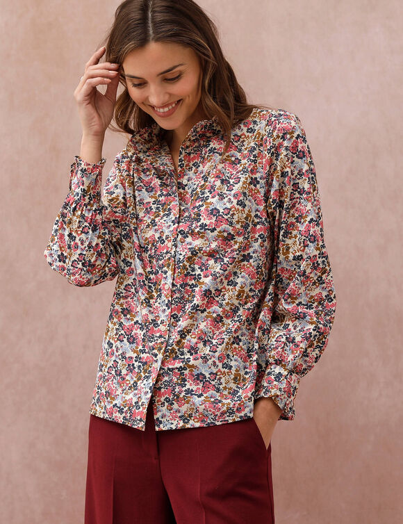Chemise col officier volant&eacute;, manches longues, imprim&eacute; fleuri (caramel / rose)