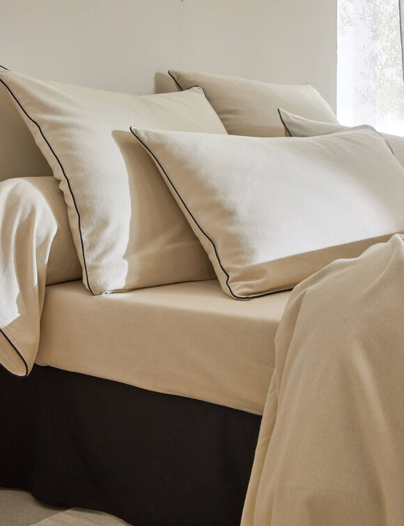 Linge de lit uni flanelle passepoil contrasté, collection "Intemporelle" (beige)