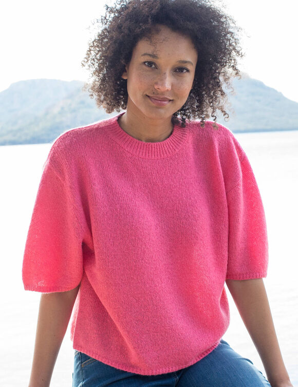Pull loose manches coudes, laine et mohair mélangés (rose)