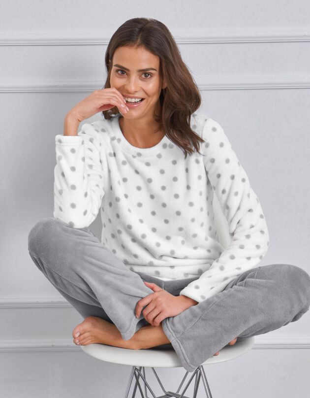 Pyjama in fleece met stippenprint, pluchetouch en lange mouwen (grijs)