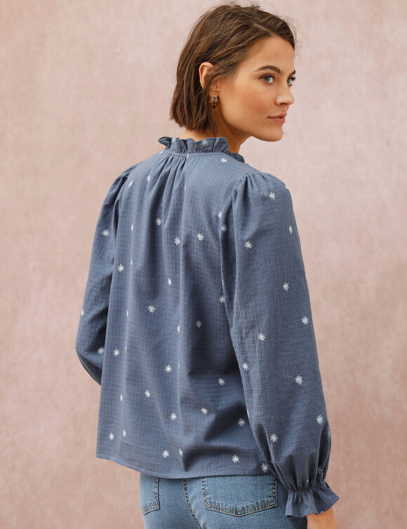 Chemisier volant&eacute; imprim&eacute; marguerites, coton textur&eacute; (bleu gris&eacute; / &eacute;cru)