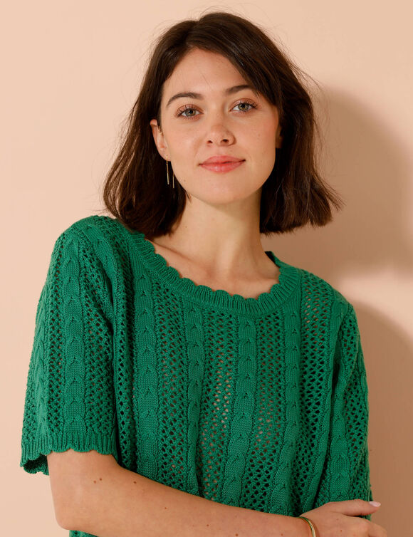 Pull festonné col rond manches coudes, maille ajourée fantaisie (vert)