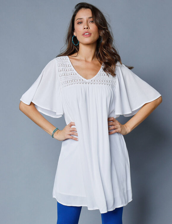 Lange tuniek met V-hals en macramé (wit)