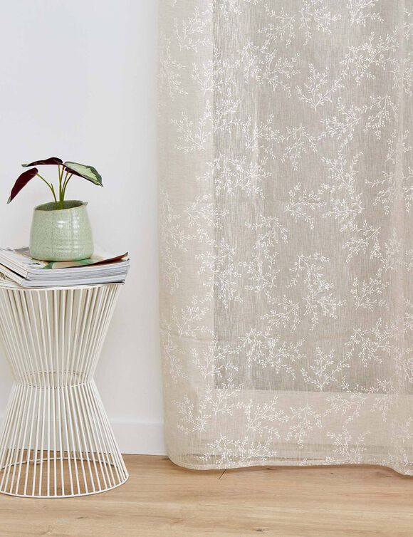 Gordijn met bloemenprint - met oogjes (naturel)