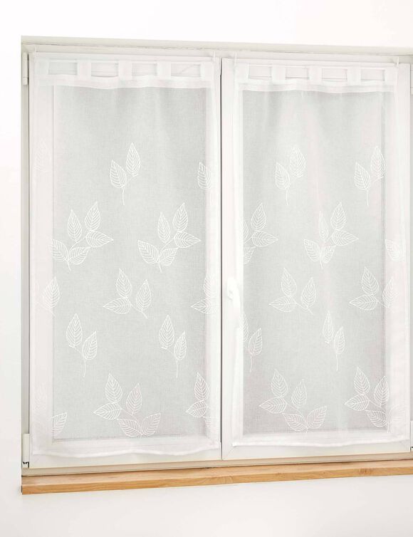 Voilen glasgordijn met geborduurd blaadjesmotief - paar (wit)