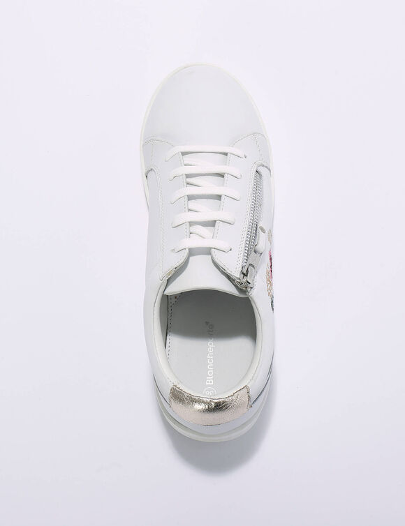  Baskets zipp&eacute;es en cuir brod&eacute;es fleurs (blanc)