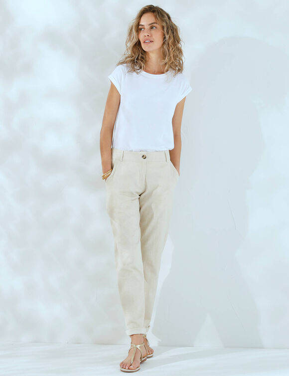 Pantalon coupe mom coton-lin enduction dorée (beige doré)