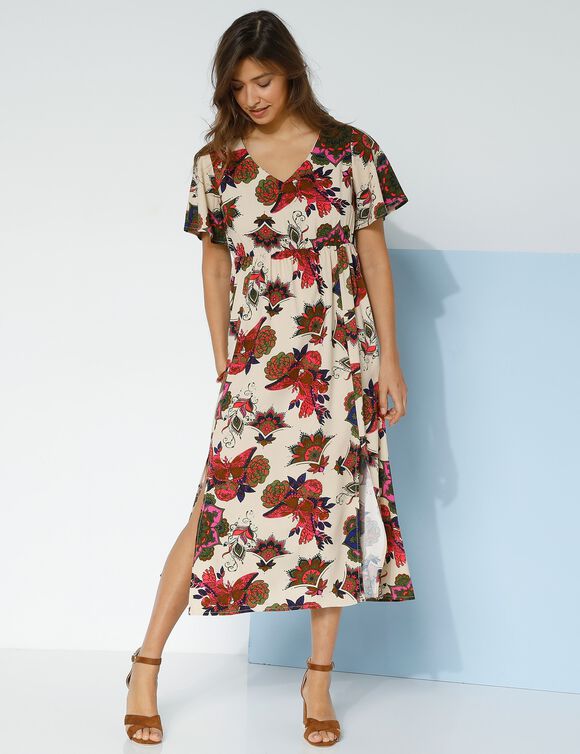 Robe longue imprimée manches "papillon" (beige / kaki)