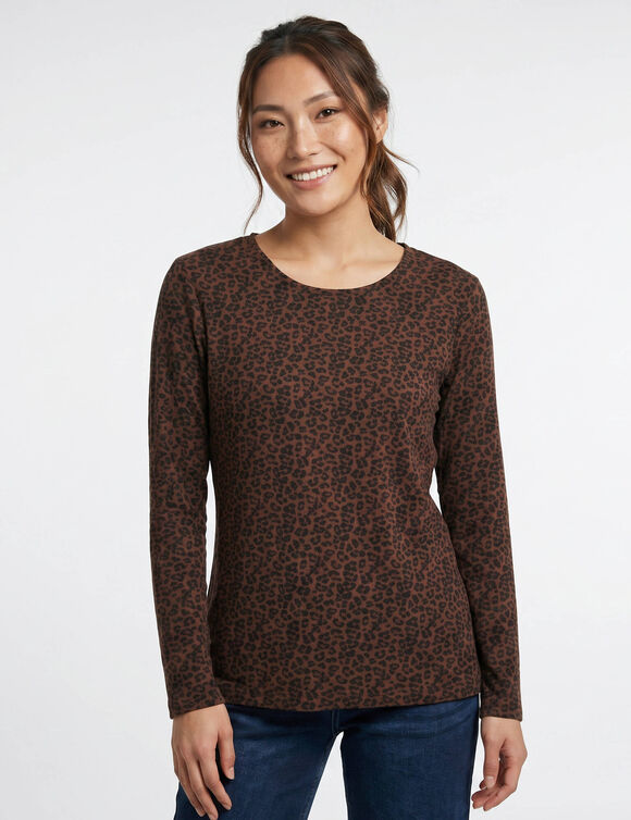 T-shirt met lange mouwen, voelt als een tweede huid, bedrukt met luipaardprint (chocolade / zwart)