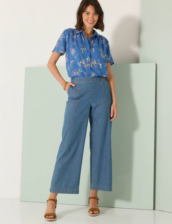Chemisier smocks épaules, imprimé bouquets (bleu)