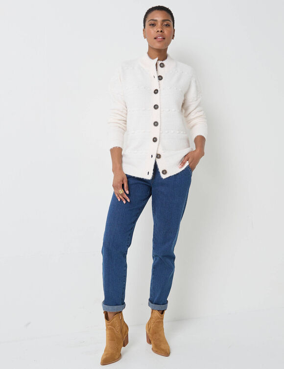 Cardigan boutonné maille poilue fantaisie (écru)