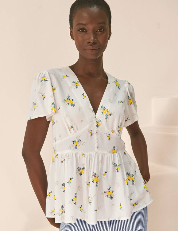 Blouse &agrave; basque imprim&eacute;e (&eacute;cru / jaune)