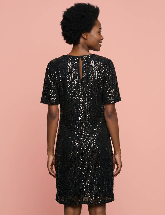 Robe housse &agrave; sequins, manches coudes &eacute;vas&eacute;es (noir / cuivre)