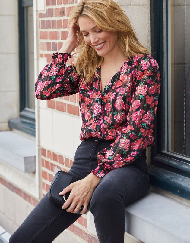Bloes met knoopsluiting en bloemenprint, jacquardvoile (zwart / fuchsia)