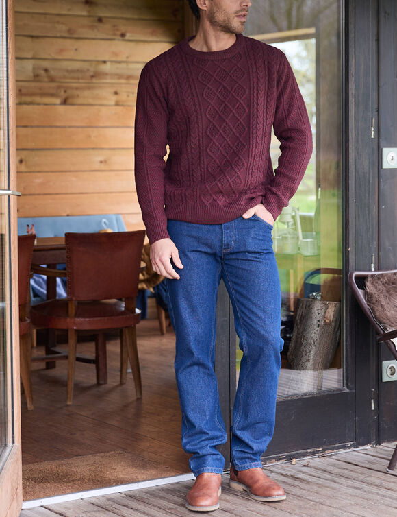 Pull col rond maille irlandaise (bordeaux chin&eacute;)