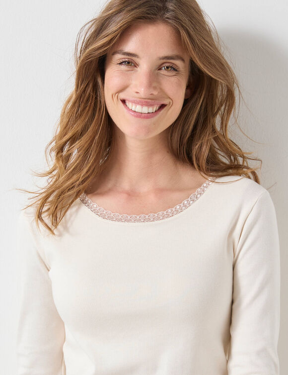 T-shirt manches longues biais dentelle avec brassière - chaleur douce (écru)
